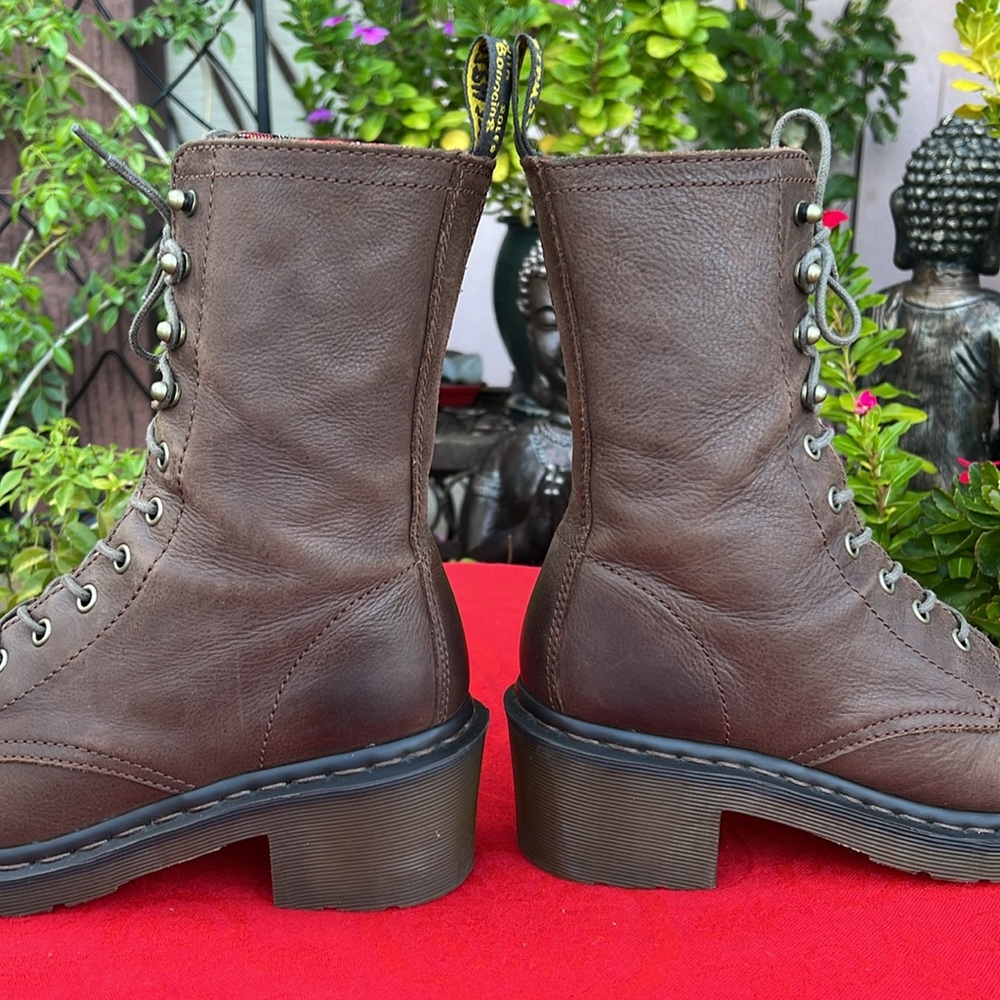 Dr. Martens Granny Style Plaid Lined Mid Calf Lace Up Heeled Brown Leather Boots - Picture 10 of 17